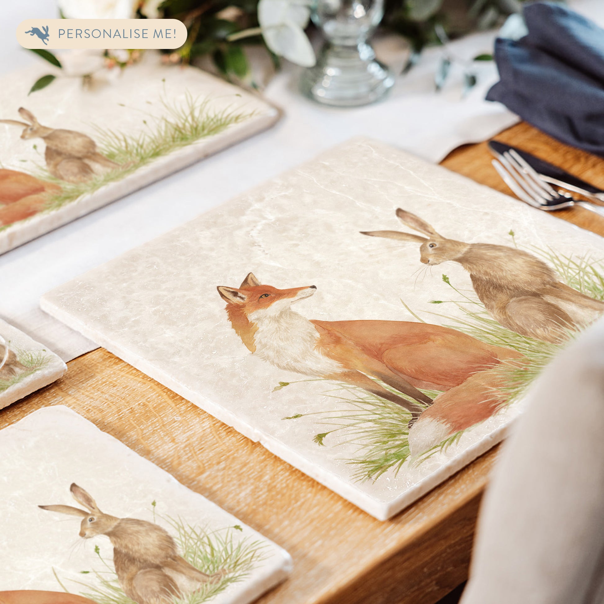 Water colour design featuring a Fox and Hare on our Large marble platter.  Sat in a meadow style scenery. Some will question are they friend or Foe?