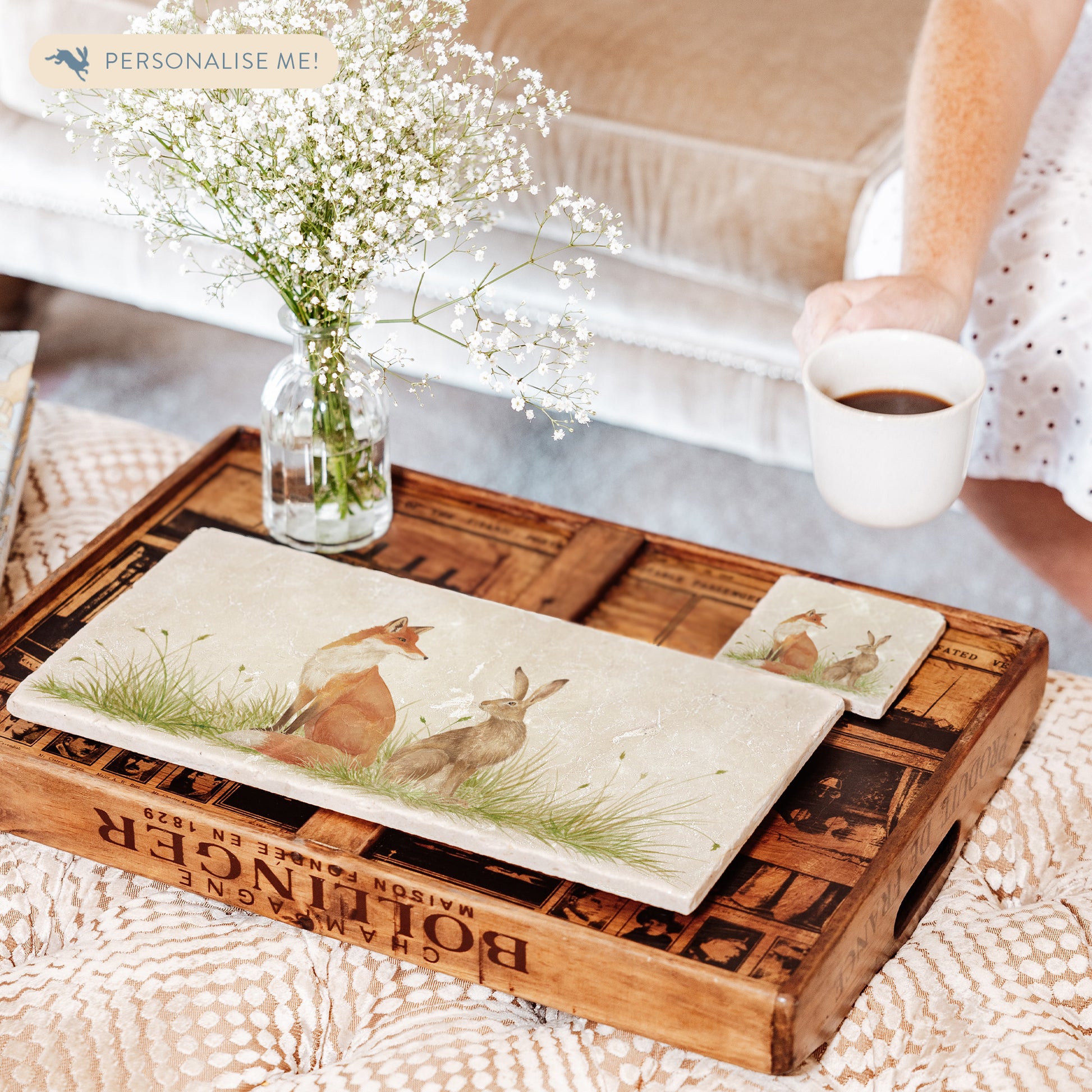Water colour design featuring a Fox and Hare on our marble platter.  Sat in a meadow style scenery. Some will question are they friend or Foe?