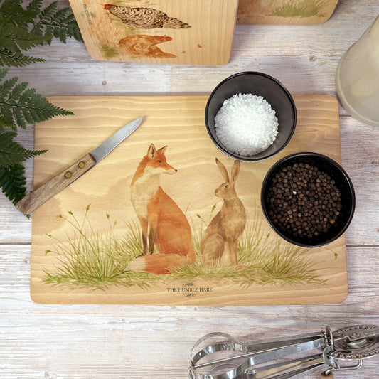 Watercolour Fox and Hare wooden chopping board 