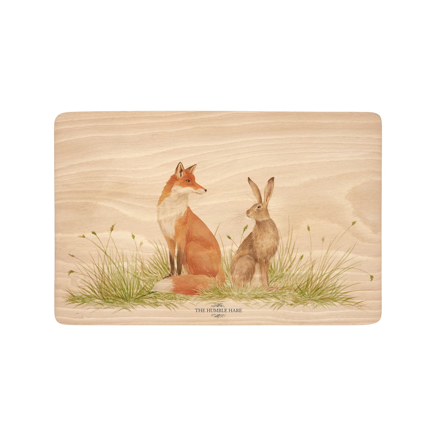 Watercolour Fox and Hare wooden chopping board 