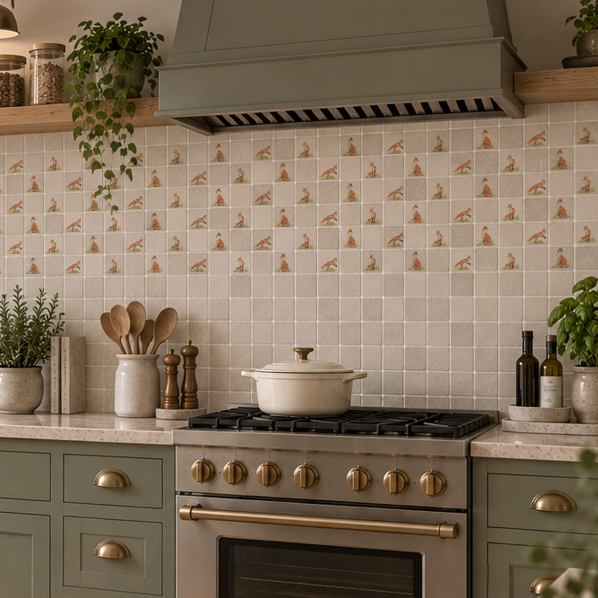 Individual mosaic wall tile decorated with a watercolour Fox design
