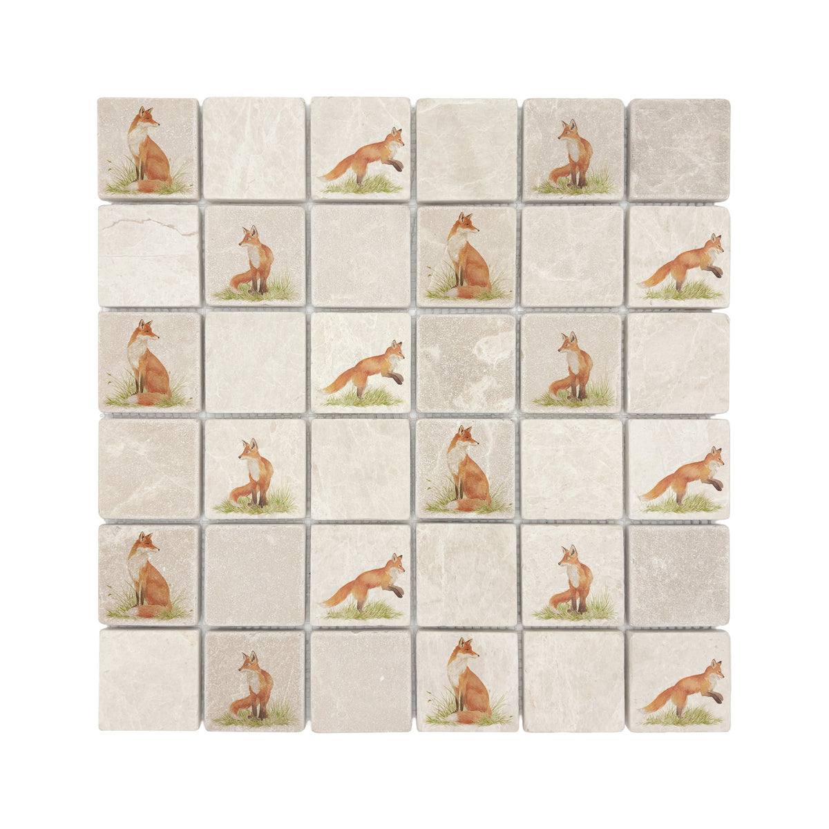 Individual mosaic wall tile decorated with a watercolour Fox design