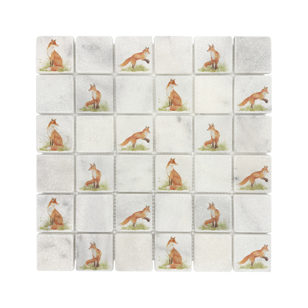 Individual mosaic wall tile decorated with a watercolour Fox design