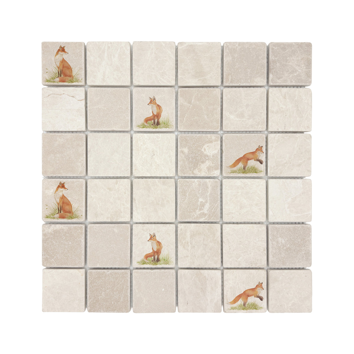 Individual mosaic wall tile decorated with a watercolour Fox design