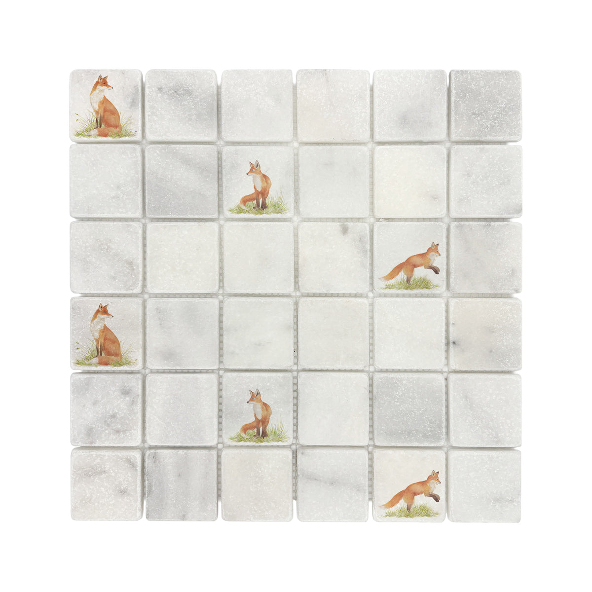 Individual mosaic wall tile decorated with a watercolour Fox design