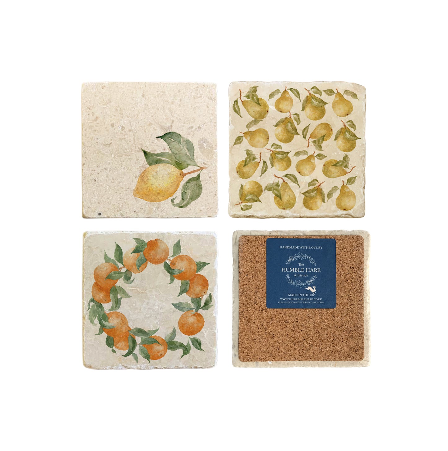 A set of 4 square marble coasters, with mix and match fruit designs. One coaster is flipped to show that the coasters are backed with cork.