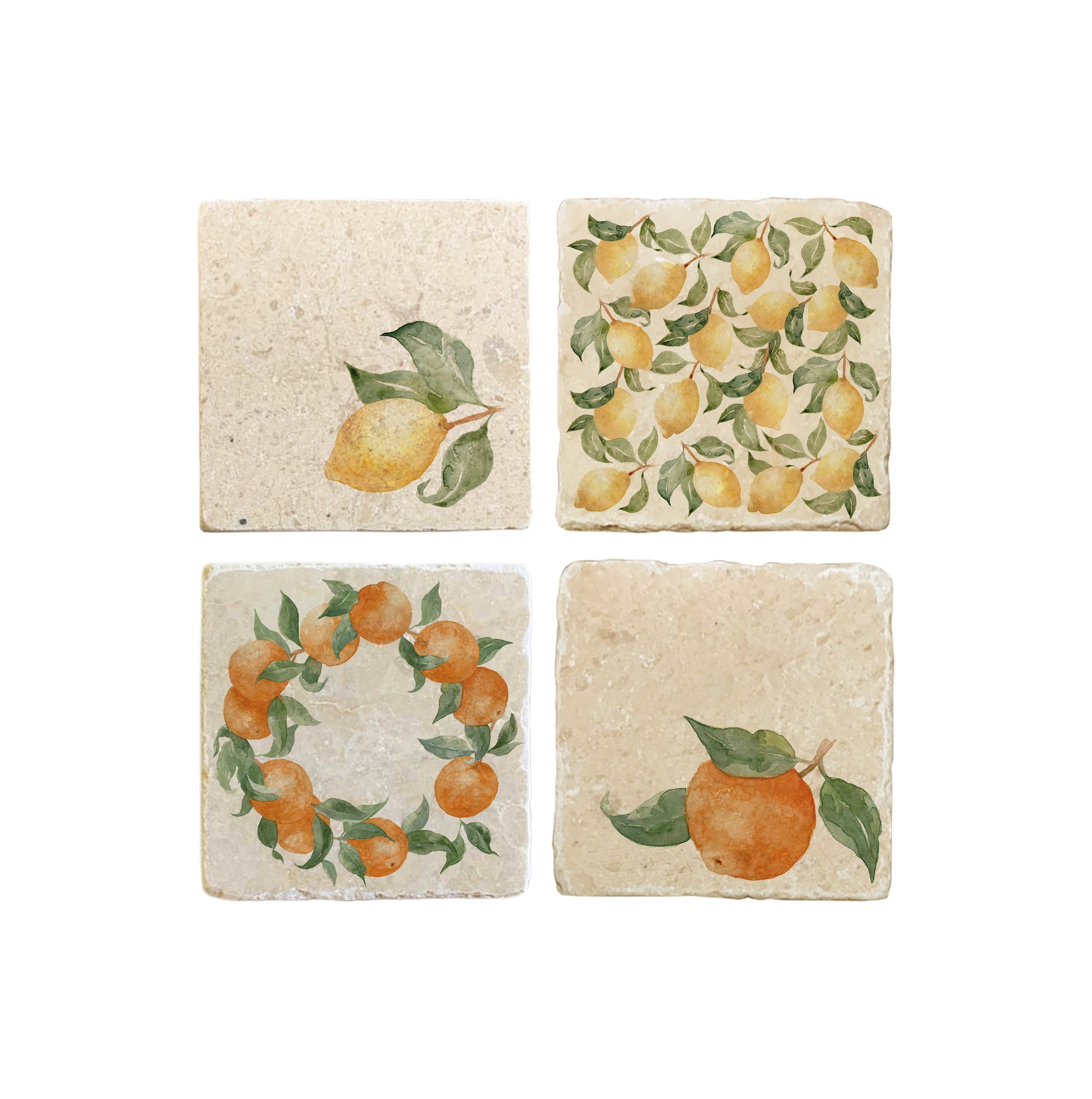 A set of 4 square marble coasters, with mix and match fruit designs. 