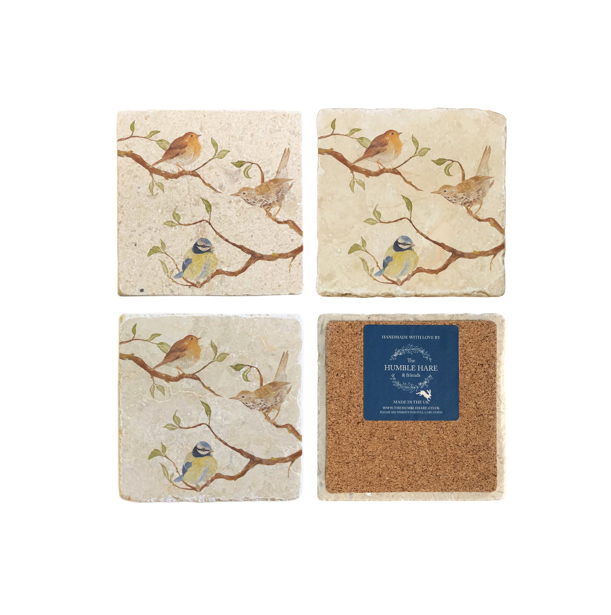 A set of 4 square marble coasters, featuring a watercolour design of British garden birds sat on branches. One coaster is flipped to show that the coasters are backed with cork.
