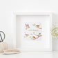 A greetings card displayed as an art print in a white frame propped up on a shelf next to a plant. The card reads Happy Birthday in brown text surrounded by garden birds on branches in a watercolour style.