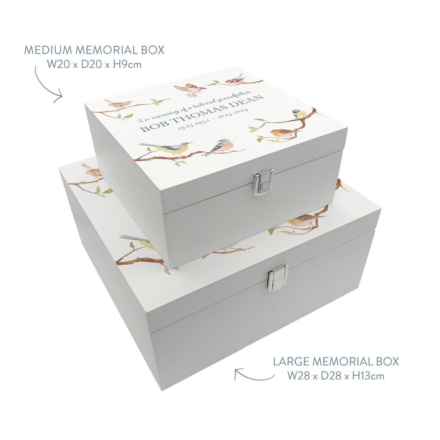White Square personalised Wooden box with a decorative lid featuring illustrations of Garden Birds on Branches Perfect funeral memory keepsake box, for storing ashes, order of service, flowers and capturing your loved ones things in one place.