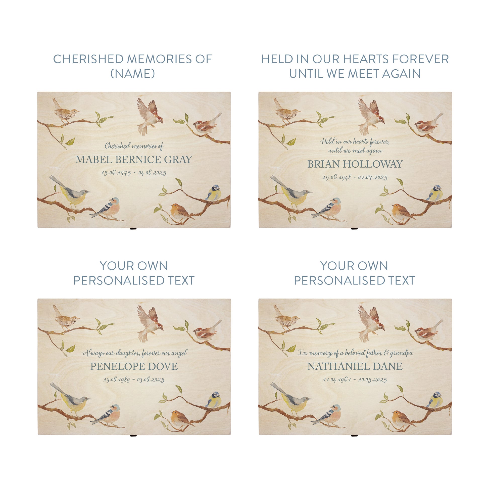 Wooden box with a lid featuring an illustration of  Garden Birds on a wooden background Perfect funeral memory keepsake box, for storing ashes, order of service, flowers, pictures.