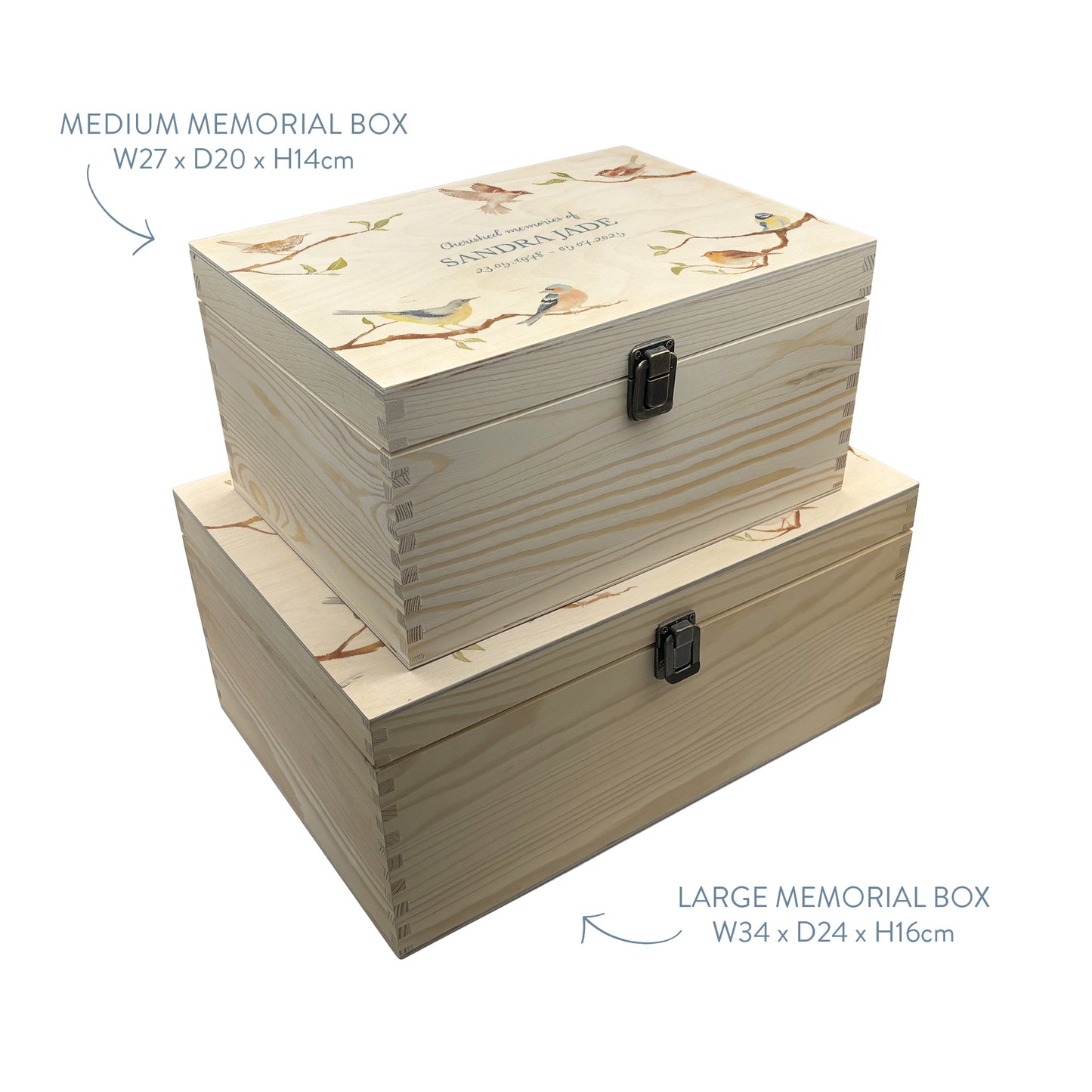 Wooden box with a lid featuring an illustration of  Garden Birds on a wooden background Perfect funeral memory keepsake box, for storing ashes, order of service, flowers, pictures.