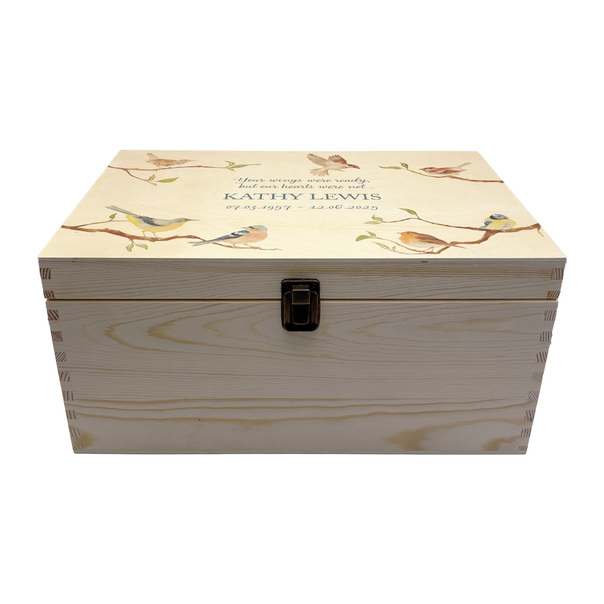 Wooden box with a lid featuring an illustration of  Garden Birds on a wooden background Perfect funeral memory keepsake box, for storing ashes, order of service, flowers, pictures.