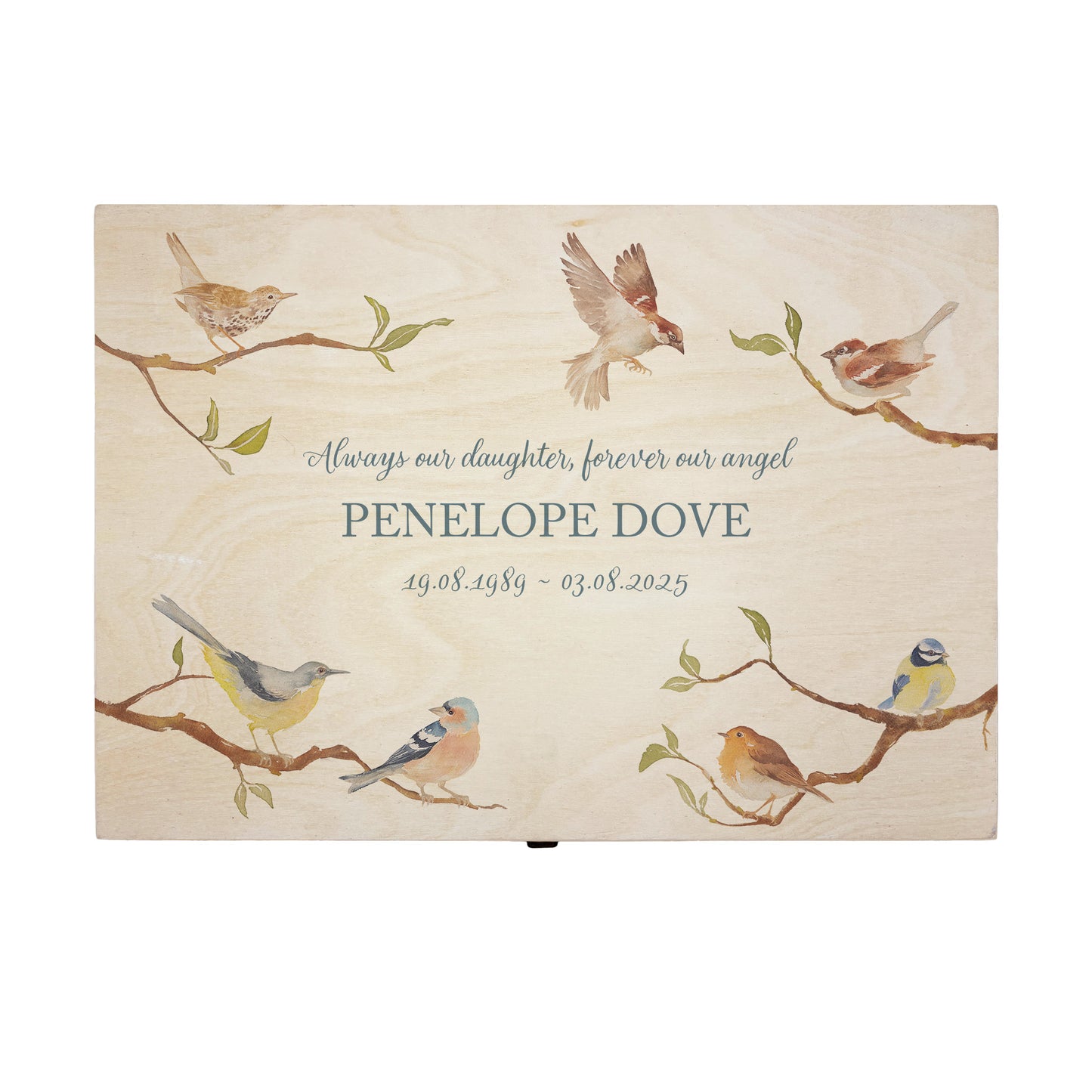 Wooden box with a lid featuring an illustration of  Garden Birds on a wooden background Perfect funeral memory keepsake box, for storing ashes, order of service, flowers, pictures.