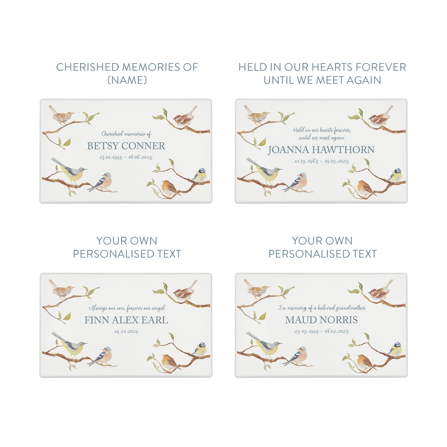 Luxury solid wooden white painted Urn ,  with Garden Birds on Branches. A watercolour illustration, our urns and Caskets for displaying or burying ashes. Customisable and can be personalised. Perfect funeral memory keepsake urn, for storing ashes for humans and pets. 