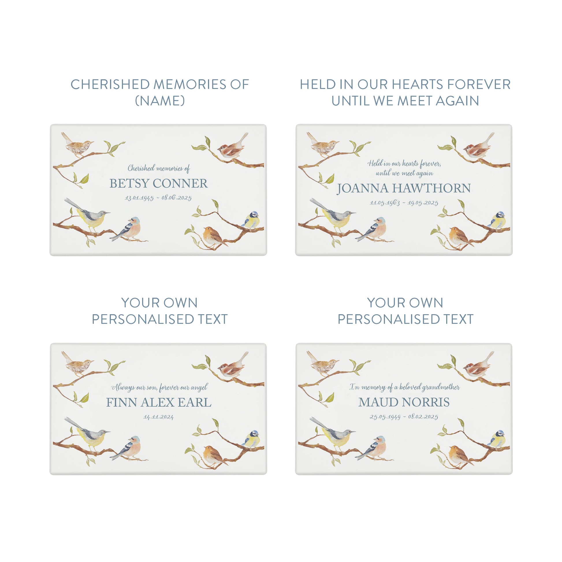 Luxury solid wooden white painted Urn ,  with Garden Birds on Branches. A watercolour illustration, our urns and Caskets for displaying or burying ashes. Customisable and can be personalised. Perfect funeral memory keepsake urn, for storing ashes for humans and pets. 