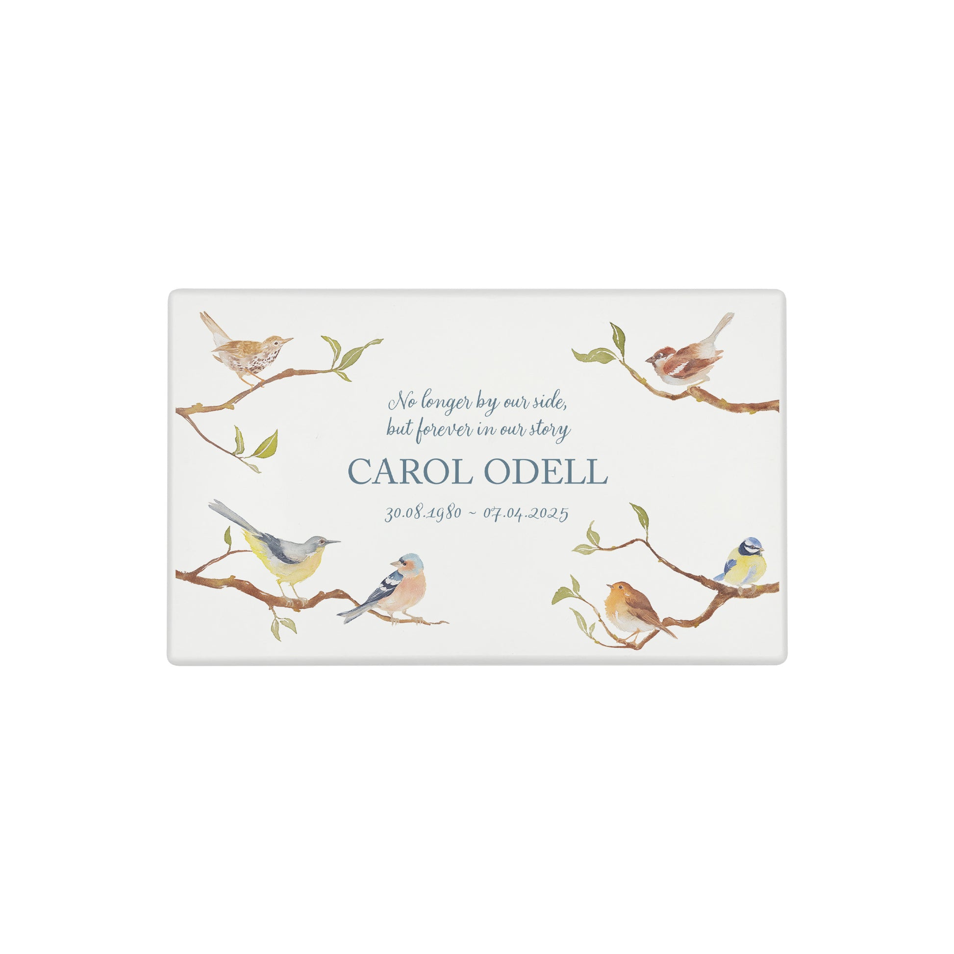 Luxury solid wooden white painted Urn ,  with Garden Birds on Branches. A watercolour illustration, our urns and Caskets for displaying or burying ashes. Customisable and can be personalised. Perfect funeral memory keepsake urn, for storing ashes for humans and pets. 