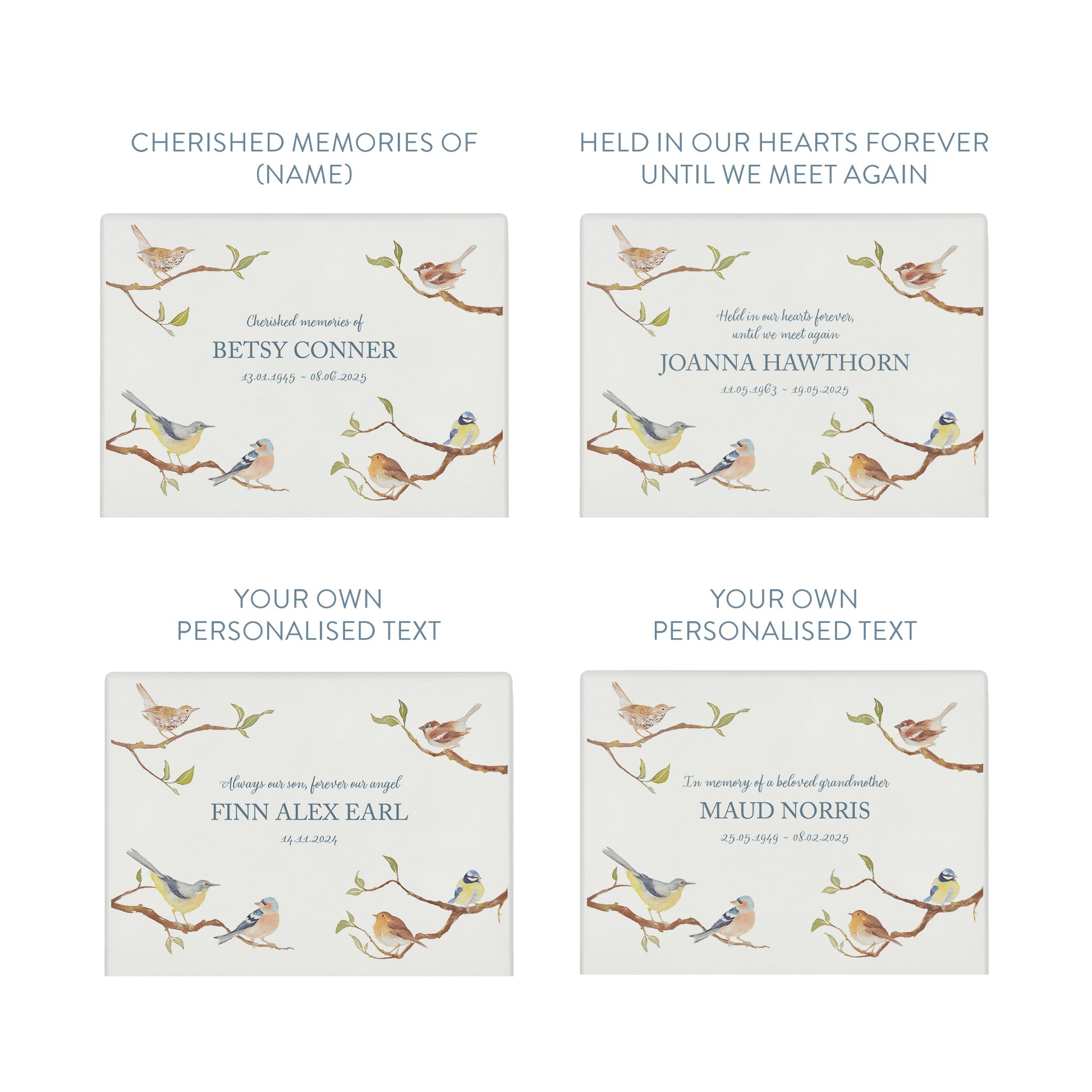 Luxury solid wooden white painted Garden Birds on Branches watercolour illustration our urns and Caskets for displaying or burying ashes. Customisable and can be personalised. Perfect funeral memory keepsake urn, for storing ashes for humans and pets