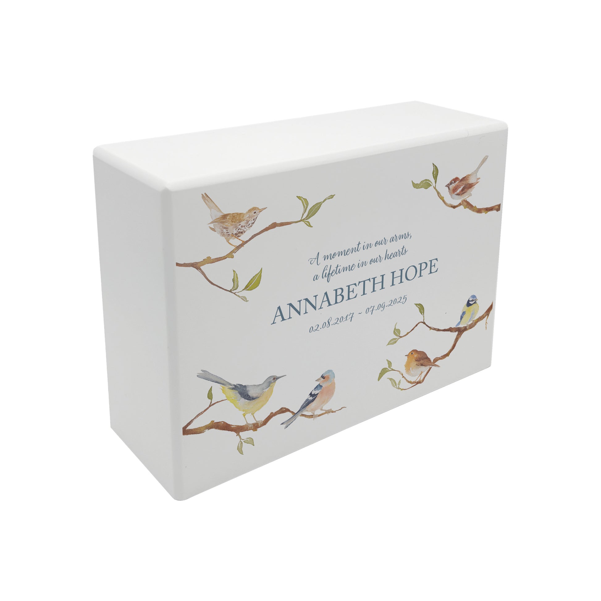 Luxury solid wooden white painted Garden Birds on Branches watercolour illustration our urns and Caskets for displaying or burying ashes. Customisable and can be personalised. Perfect funeral memory keepsake urn, for storing ashes for humans and pets