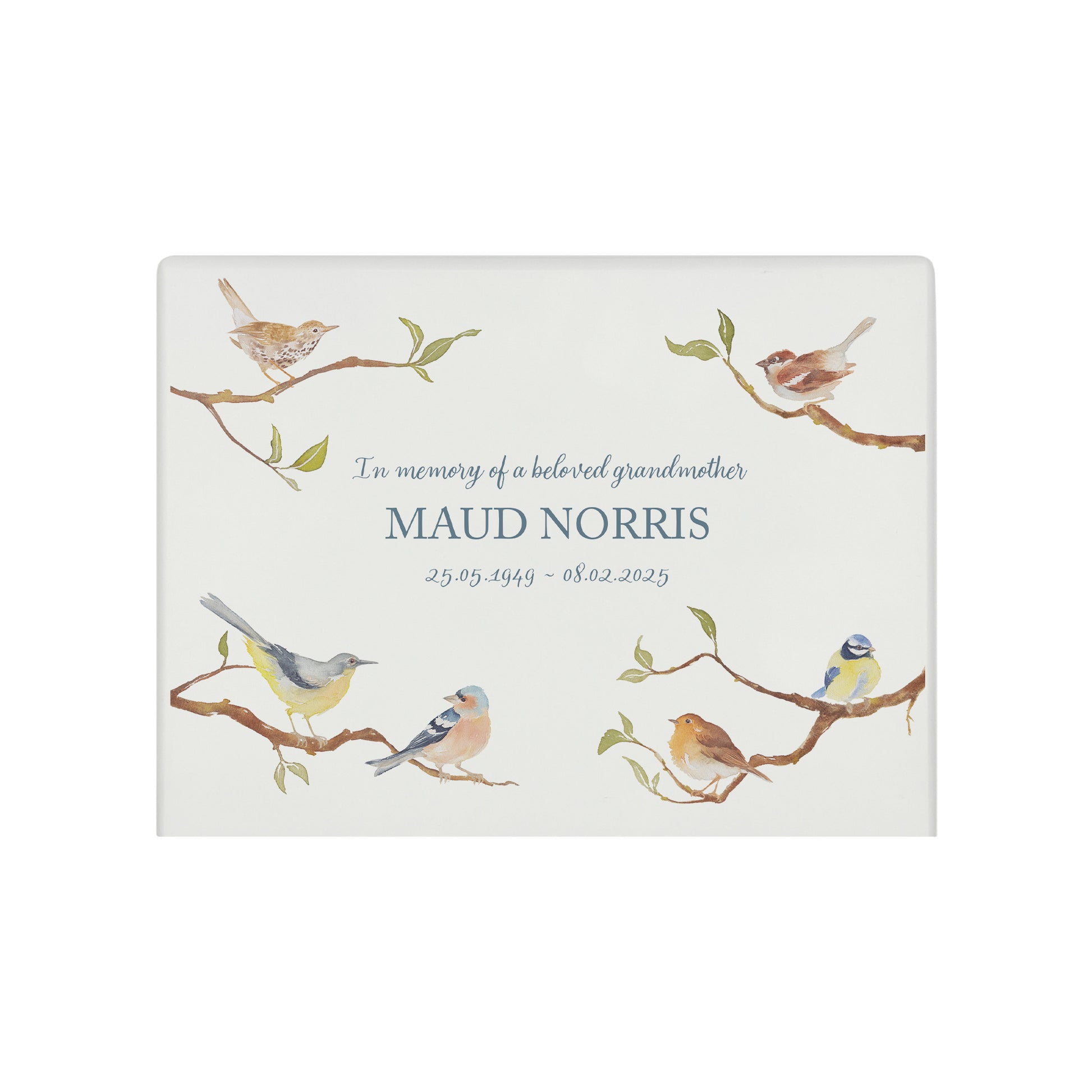 Luxury solid wooden white painted Garden Birds on Branches watercolour illustration our urns and Caskets for displaying or burying ashes. Customisable and can be personalised. Perfect funeral memory keepsake urn, for storing ashes for humans and pets