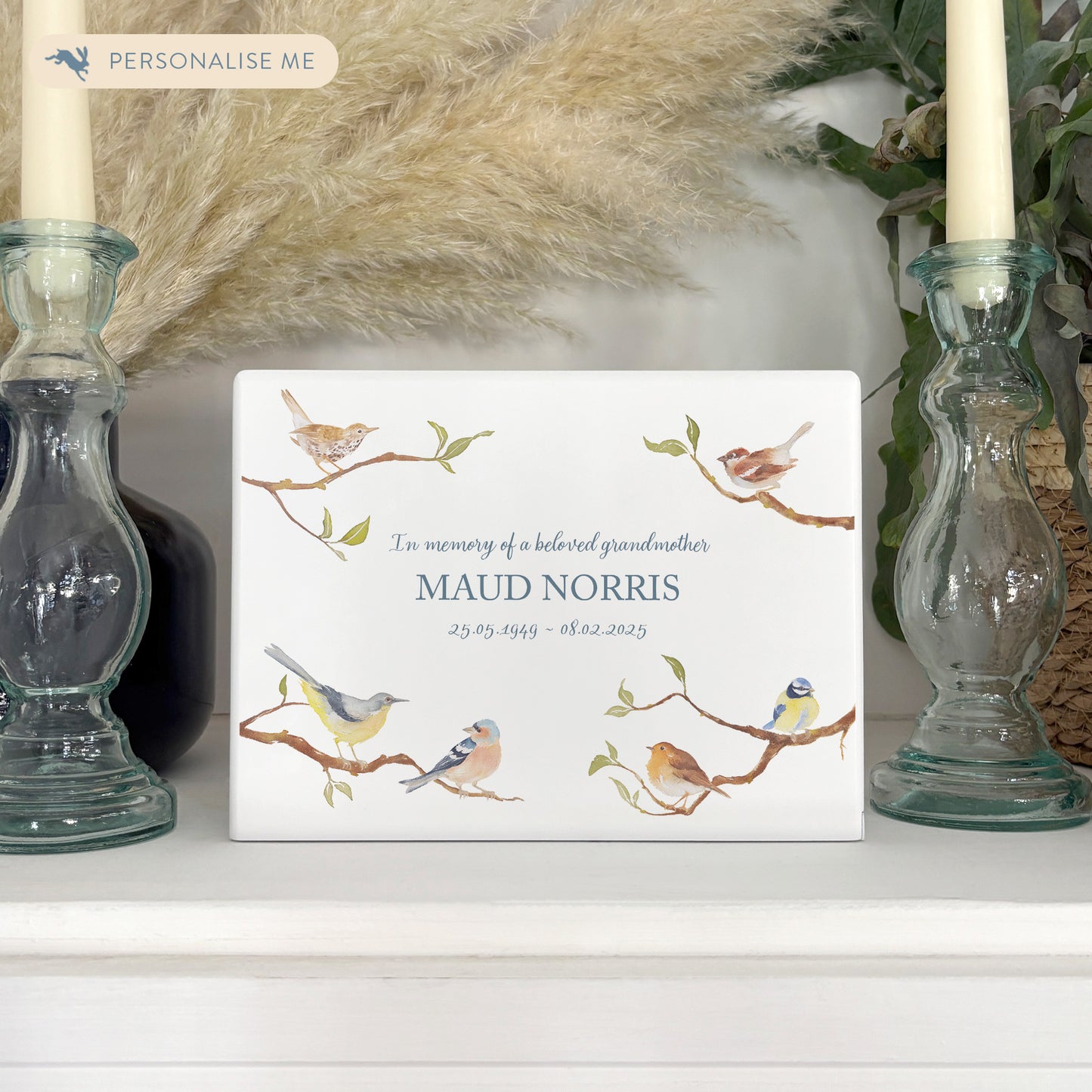 Luxury solid wooden white painted Garden Birds on Branches watercolour illustration our urns and Caskets for displaying or burying ashes. Customisable and can be personalised. Perfect funeral memory keepsake urn, for storing ashes for humans and pets