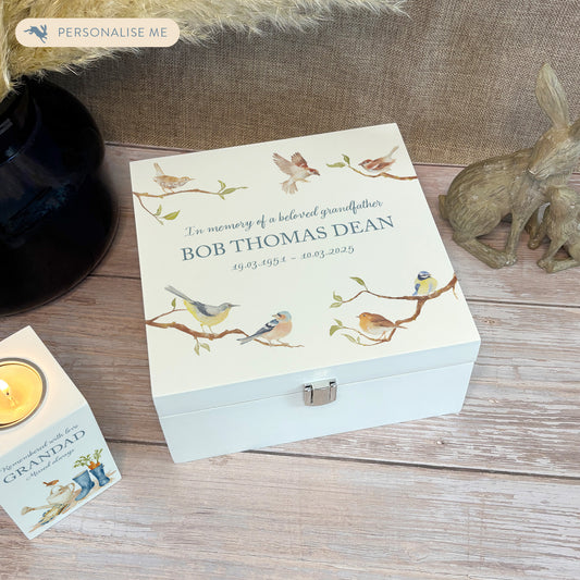 White Square personalised Wooden box with a decorative lid featuring illustrations of Garden Birds on Branches Perfect funeral memory keepsake box, for storing ashes, order of service, flowers and capturing your loved ones things in one place.