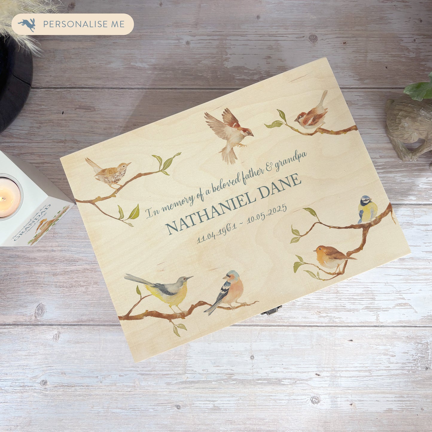 Wooden box with a lid featuring an illustration of  Garden Birds on a wooden background Perfect funeral memory keepsake box, for storing ashes, order of service, flowers, pictures.
