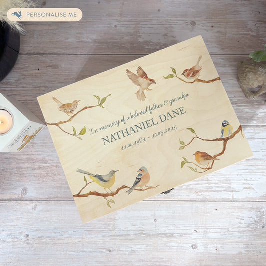 Wooden box with a lid featuring an illustration of  Garden Birds on a wooden background Perfect funeral memory keepsake box, for storing ashes, order of service, flowers, pictures.