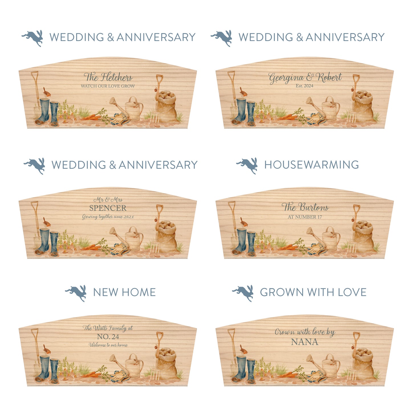 Personalised phrase options for an arched wooden planter box with a watercolour garden scene design. Choose your phrase to suit any occasion including birthday, wedding, anniversary, engagement, and new home.
