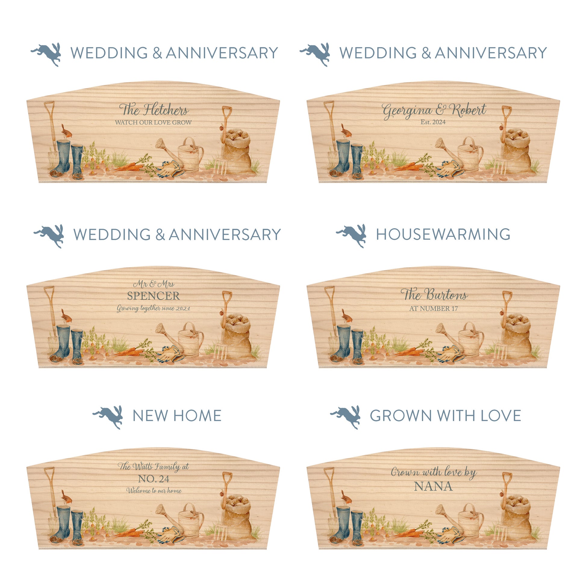 Personalised phrase options for an arched wooden planter box with a watercolour garden scene design. Choose your phrase to suit any occasion including birthday, wedding, anniversary, engagement, and new home.