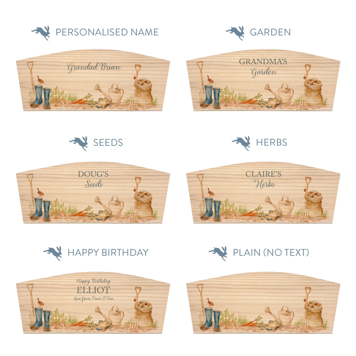 Personalised phrase options for an arched wooden planter box with a watercolour garden tool scene design. Choose your phrase to suit any occasion including birthday, wedding, new home, and a selection of gardening phrases.