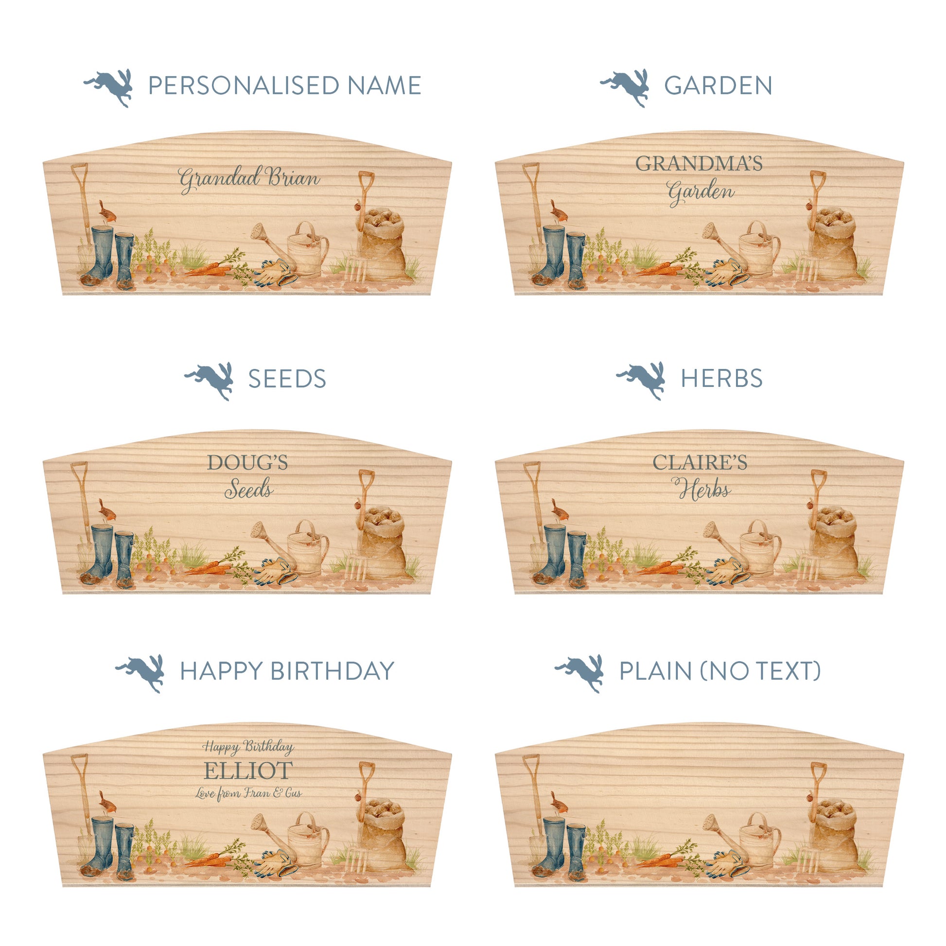 Personalised phrase options for an arched wooden planter box with a watercolour garden tool scene design. Choose your phrase to suit any occasion including birthday, wedding, new home, and a selection of gardening phrases.