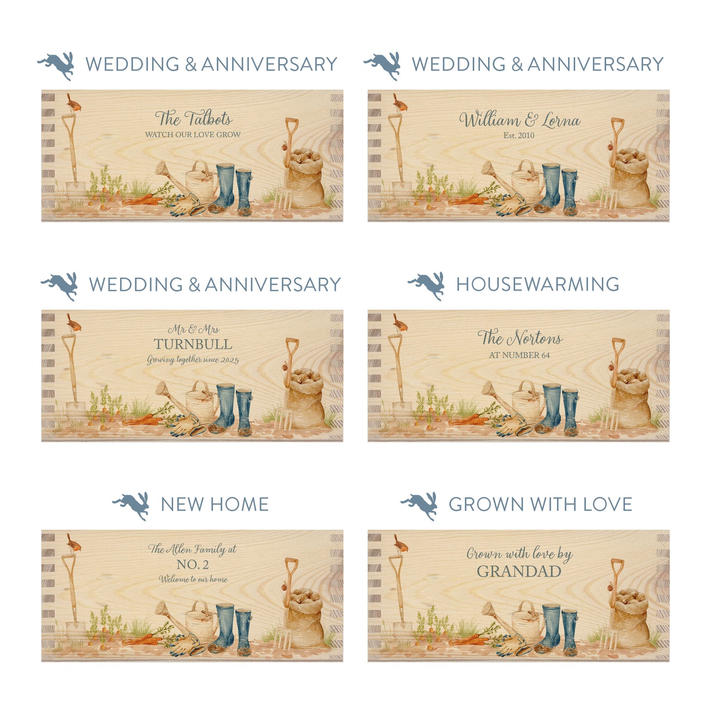 Personalised phrase options for a rectangle wooden planter box with a watercolour design including welly boots, watering can, sack of potatoes, garden fork and spade, plus a little robin. Choose your phrase to suit any occasion including birthday, wedding, anniversary, engagement, and new home.
