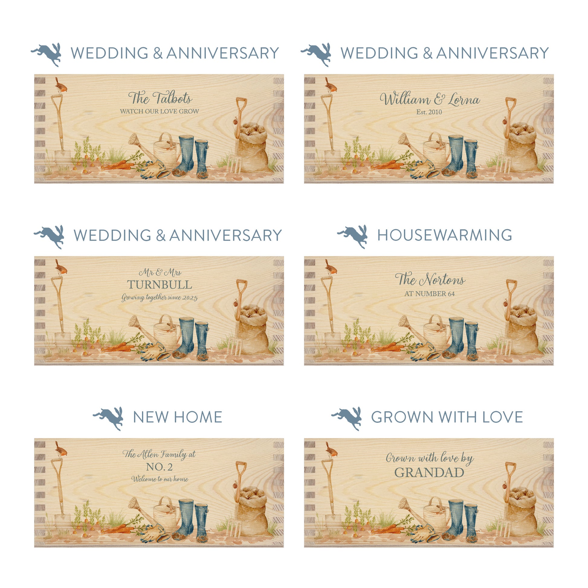 Personalised phrase options for a rectangle wooden planter box with a watercolour design including welly boots, watering can, sack of potatoes, garden fork and spade, plus a little robin. Choose your phrase to suit any occasion including birthday, wedding, anniversary, engagement, and new home.