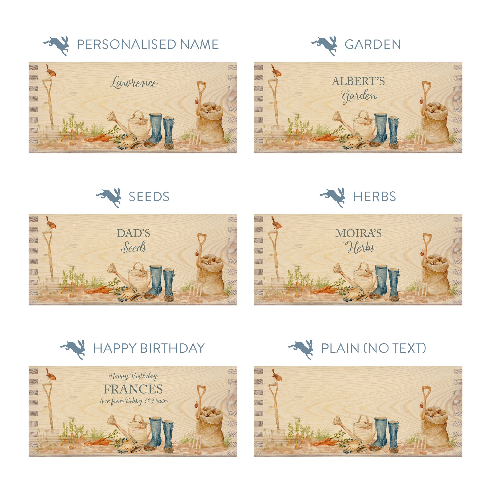 Personalised phrase options for a rectangle wooden planter box with a watercolour design including welly boots, watering can, sack of potatoes, garden fork and spade, plus a little robin. Choose your phrase to suit any occasion including birthday, wedding, anniversary, engagement, and new home.