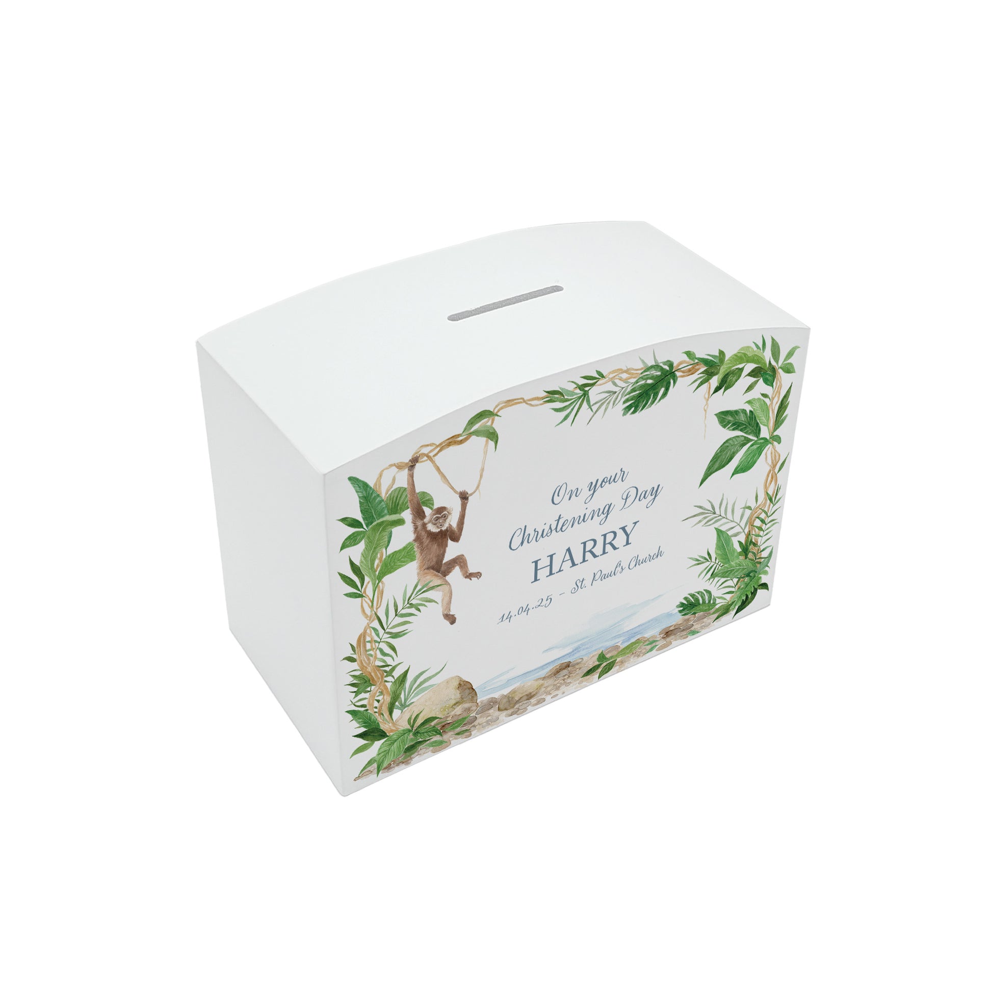 Personalised children's money box,  monkey design. perfect new baby gift