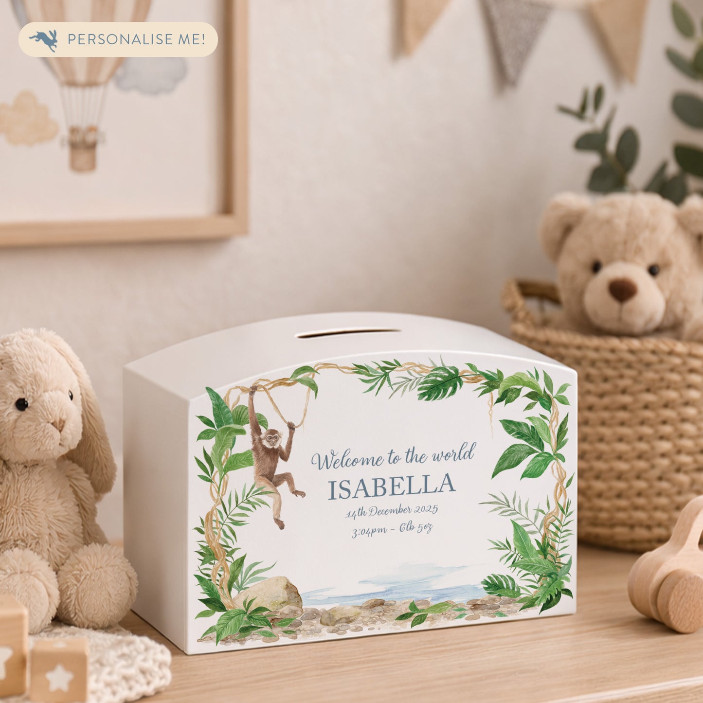 Personalised children's money box,  monkey design. perfect new baby gift