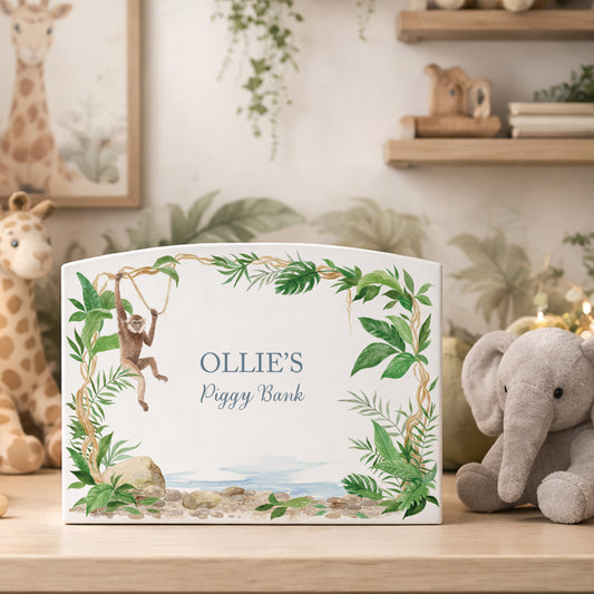Personalised children's money box,  monkey design. perfect new baby gift