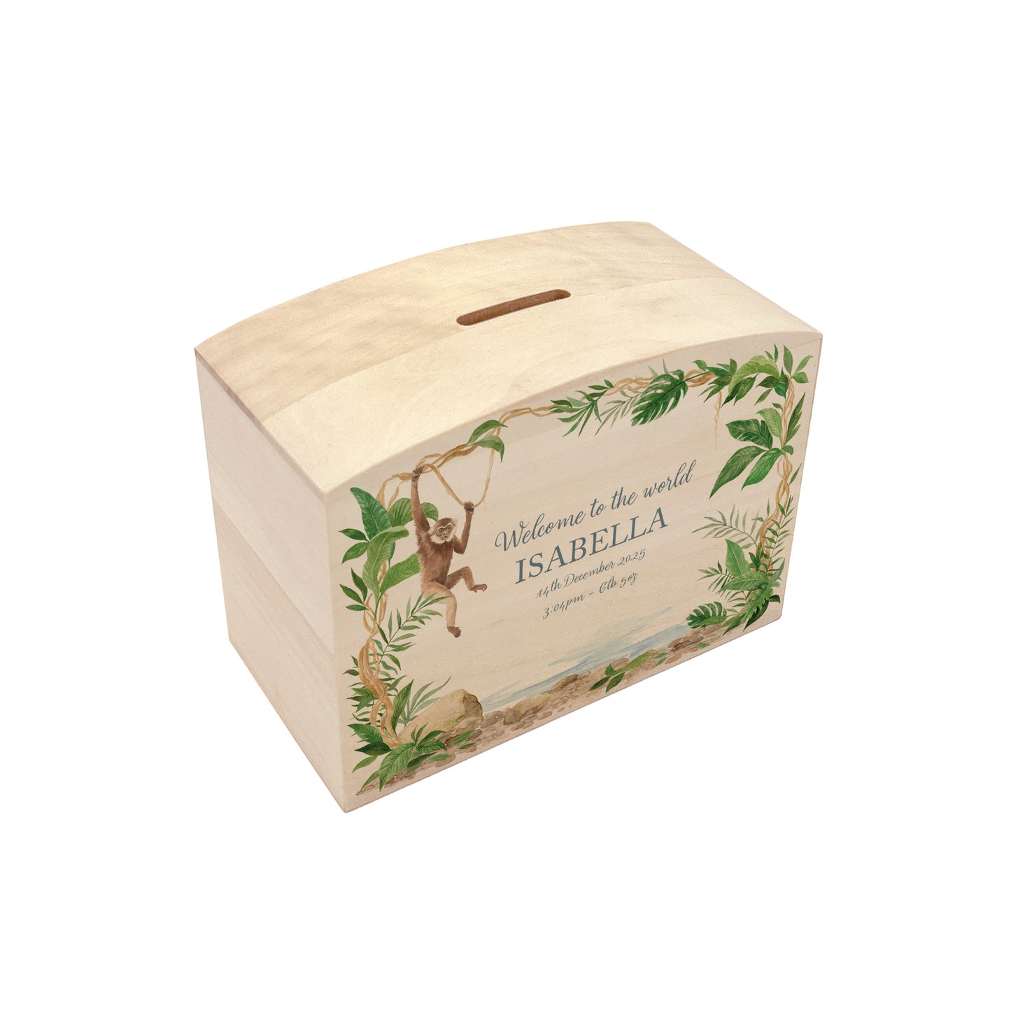 Monkey water colour design set in the rainforest, the perfect money box for your little savers. Newborn, birthday and christening gift. 
