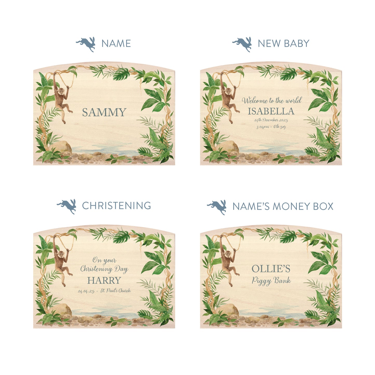 Monkey water colour design set in the rainforest, the perfect money box for your little savers. Newborn, birthday and christening gift. 