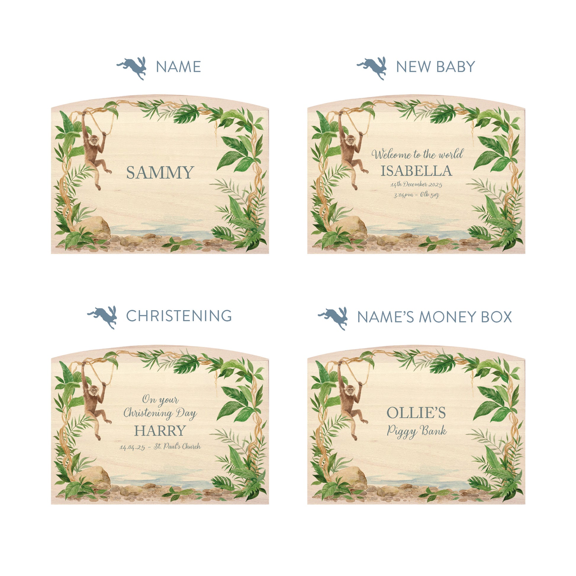 Monkey water colour design set in the rainforest, the perfect money box for your little savers. Newborn, birthday and christening gift. 