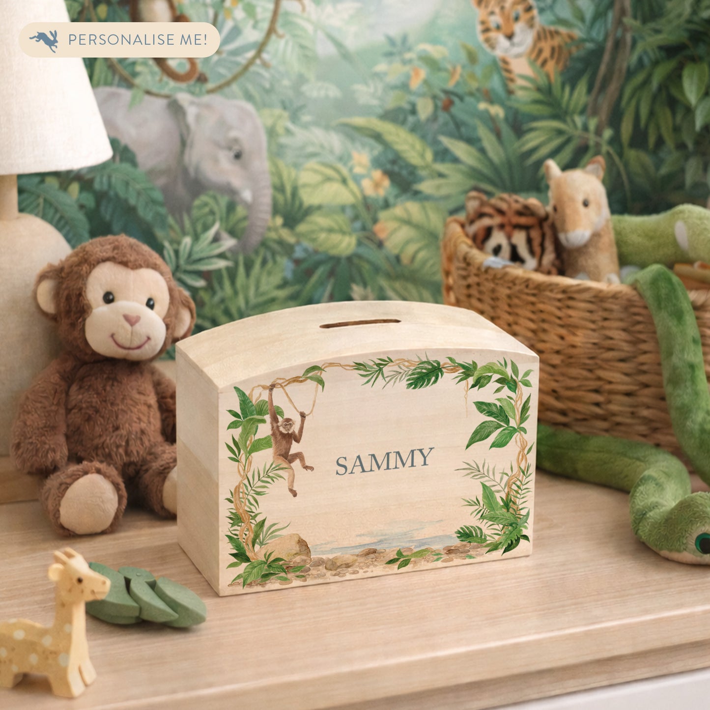 Monkey water colour design set in the rainforest, the perfect money box for your little savers. Newborn, birthday and christening gift. 