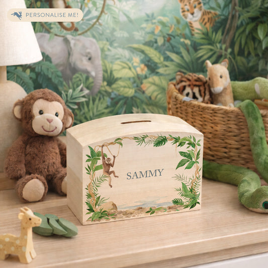 Monkey water colour design set in the rainforest, the perfect money box for your little savers. Newborn, birthday and christening gift. 