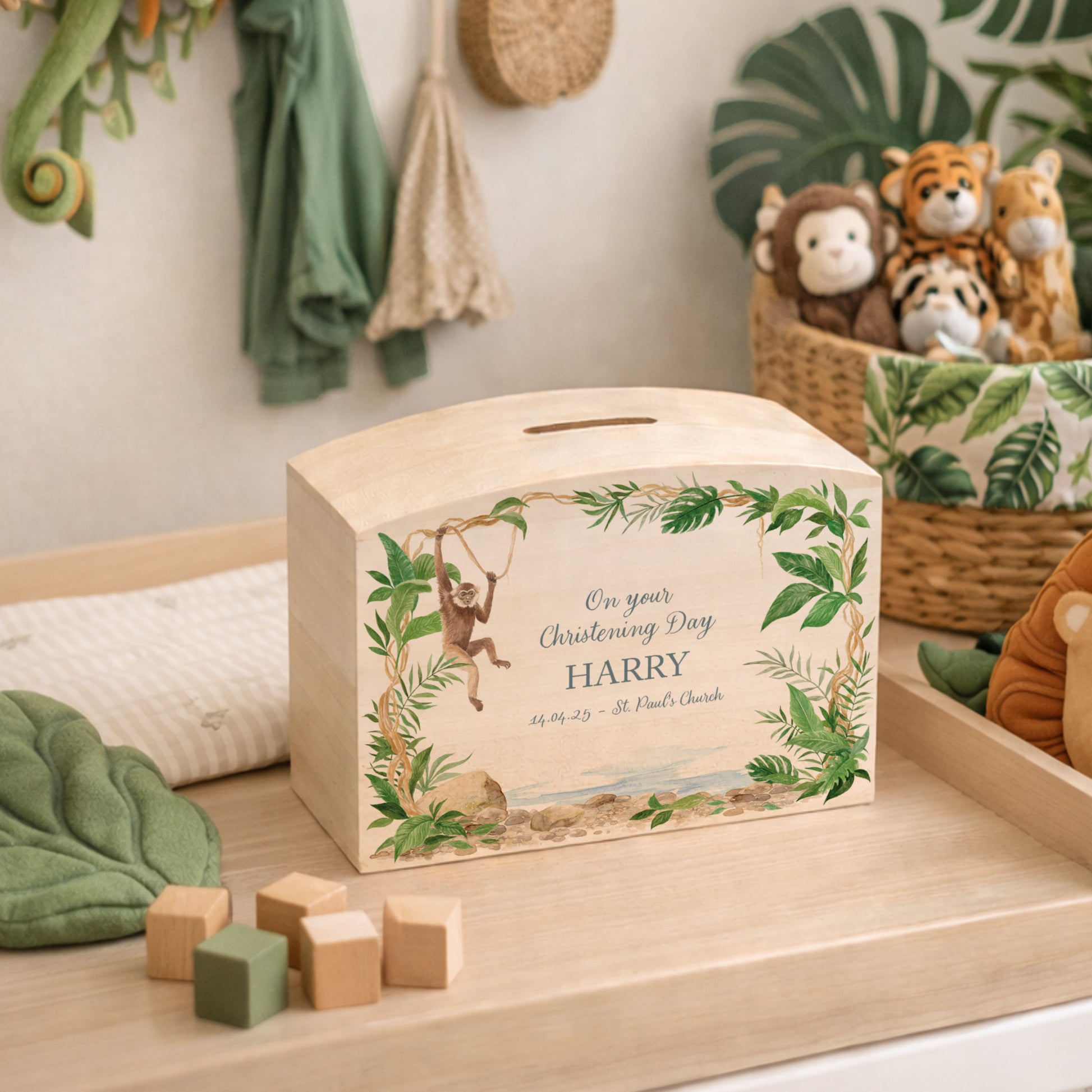 Monkey water colour design set in the rainforest, the perfect money box for your little savers. Newborn, birthday and christening gift. 