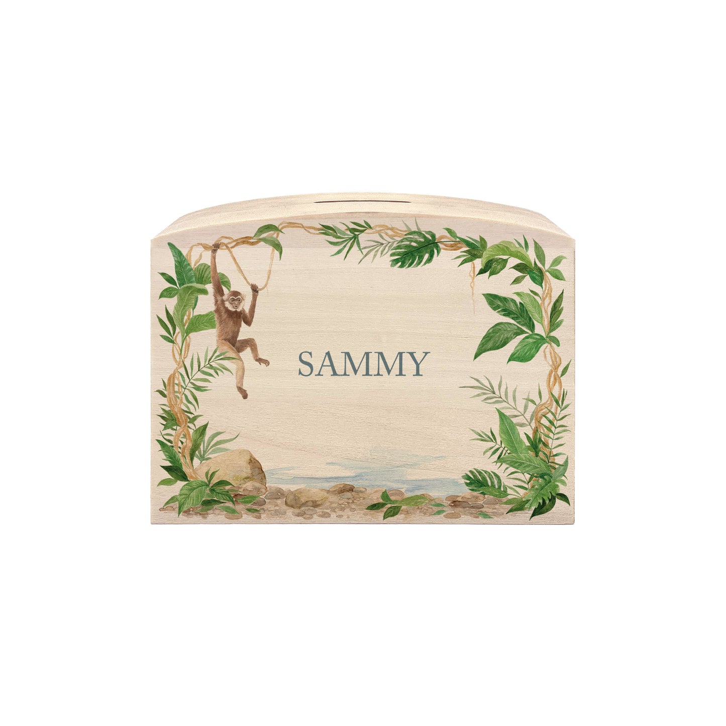 Monkey water colour design set in the rainforest, the perfect money box for your little savers. Newborn, birthday and christening gift. 