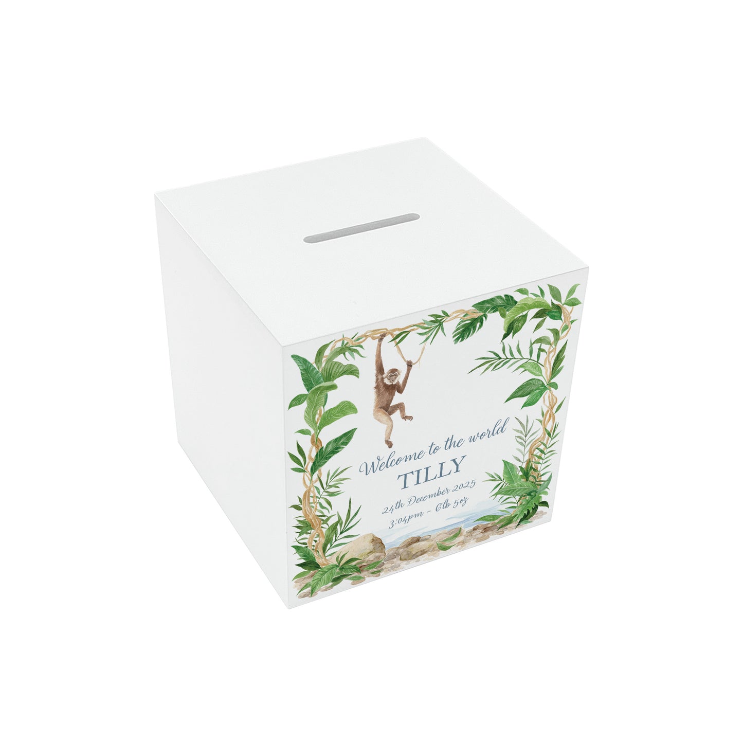A treasured keepsake to celebrate a new arrival- Cheeky monkey swinging from the rainforest trees