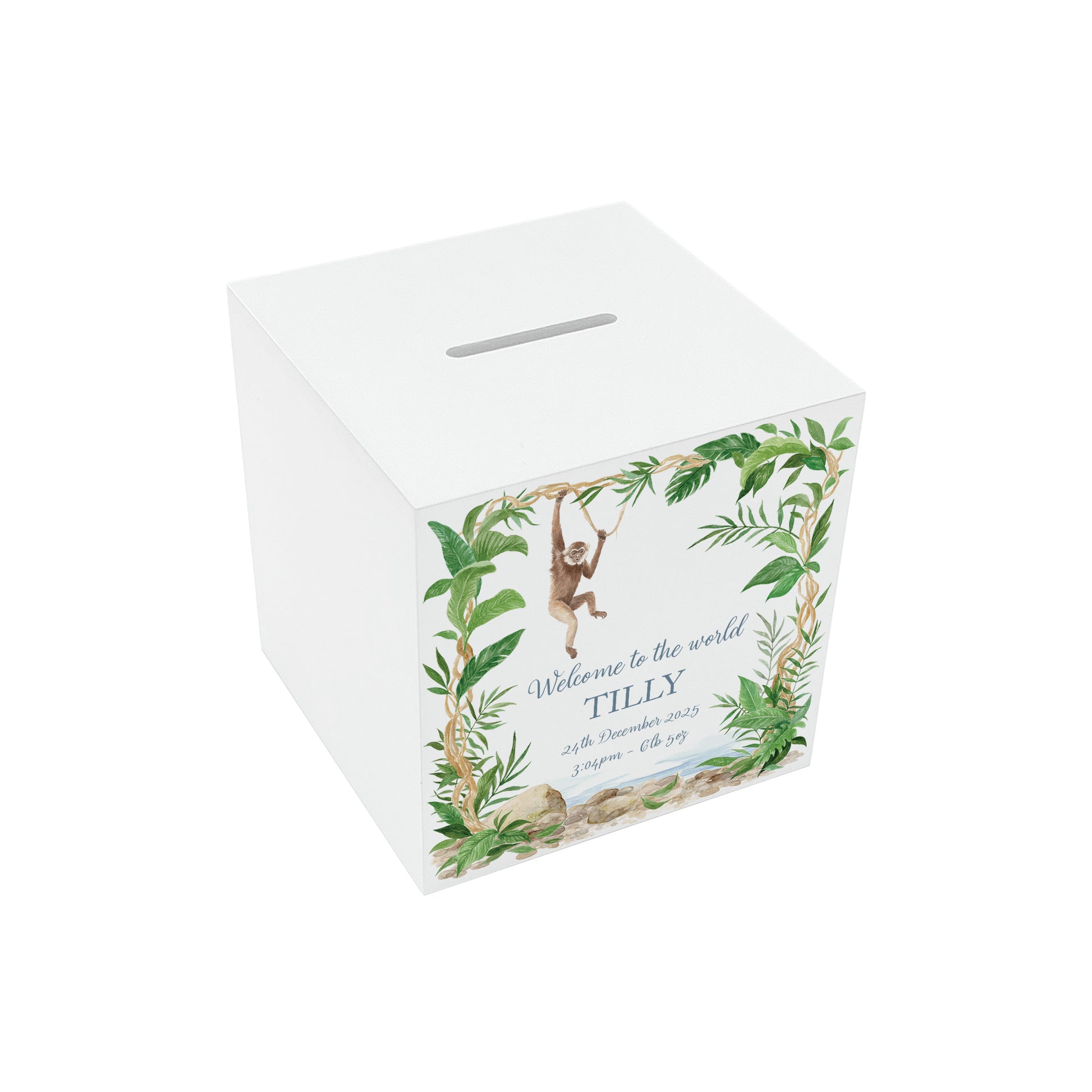 A treasured keepsake to celebrate a new arrival- Cheeky monkey swinging from the rainforest trees