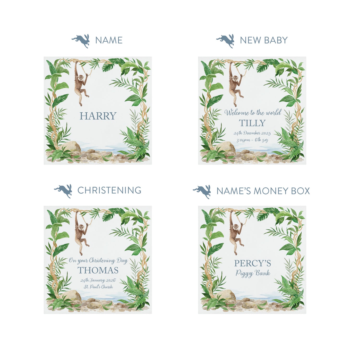 A treasured keepsake to celebrate a new arrival- Cheeky monkey swinging from the rainforest trees