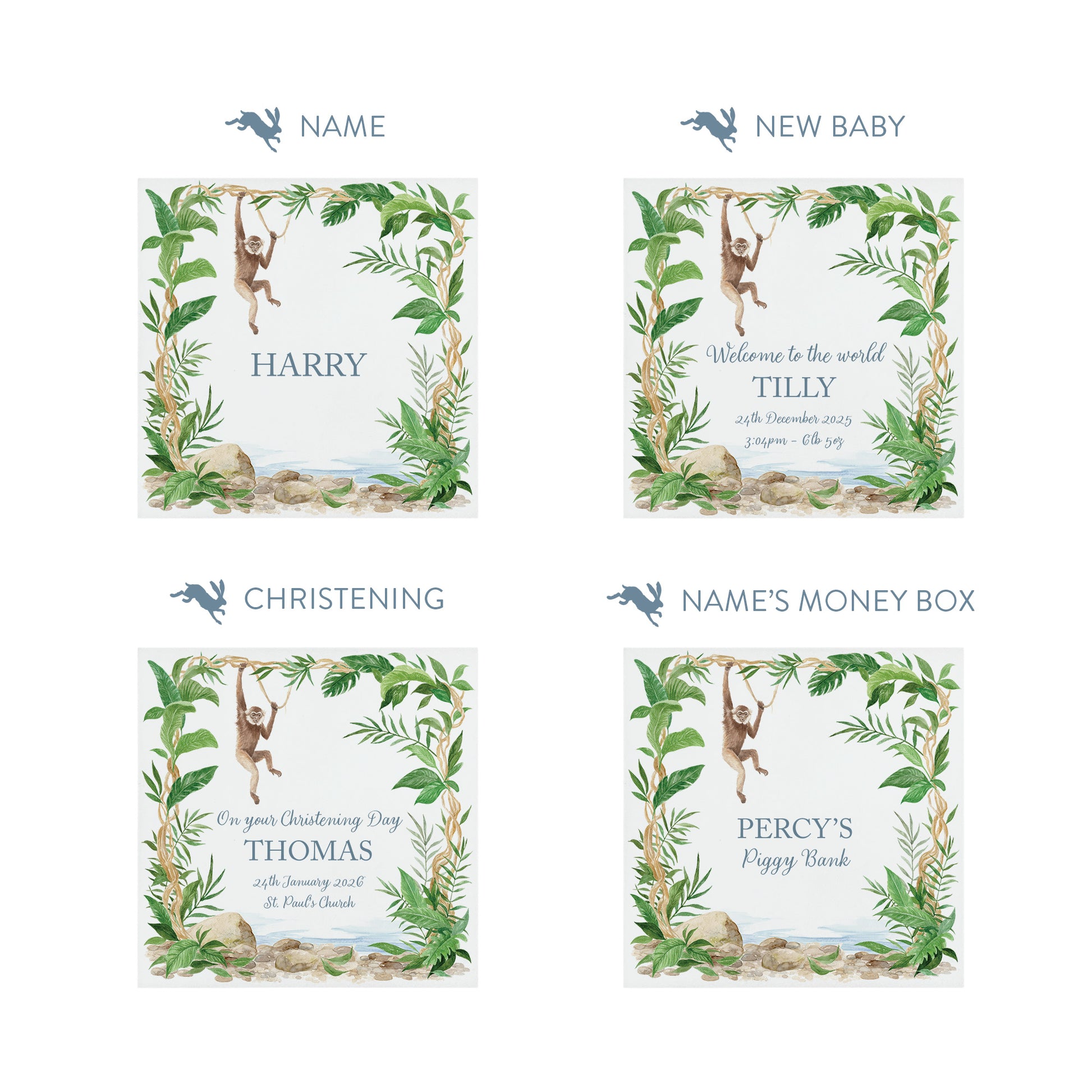 A treasured keepsake to celebrate a new arrival- Cheeky monkey swinging from the rainforest trees