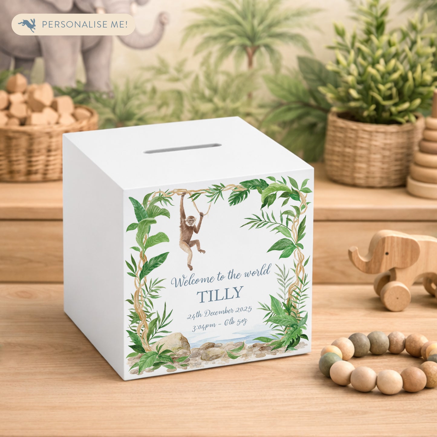 A treasured keepsake to celebrate a new arrival- Cheeky monkey swinging from the rainforest trees